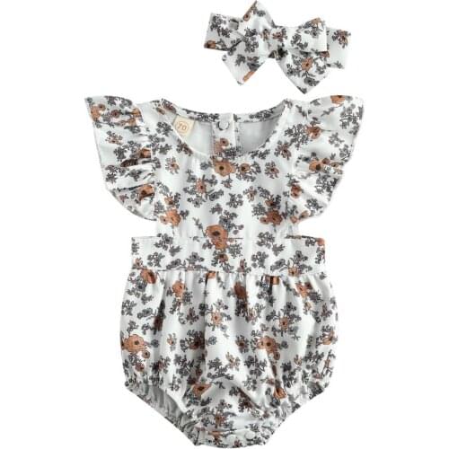 Summer Baby Newborn Floral Bodysuits Outfits Baby Girl Fly Sleeve Round Neck Romper Bowknot Headband Sunsuits