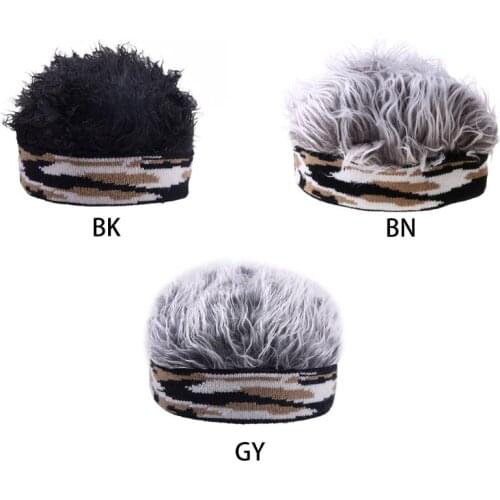Men Women Short Wig Brimless Beanie Hat Fake Hair Funny Camouflage Knitted Landlord Sailor Cap Stretchy Cosplay Props