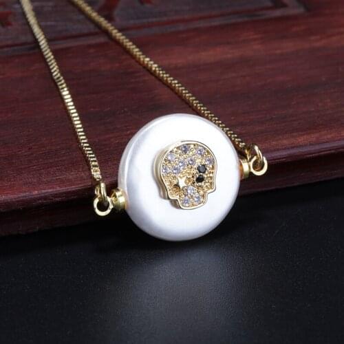 Multiple colors cz micro paved gold skull charm on flat pearl shell connector beads thin link bracelets for woman