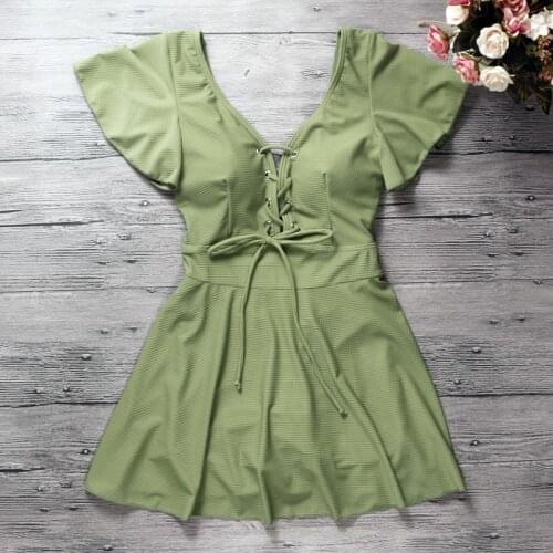 2021 New Women Solid One Piece Swimwear Short Sleeve Bathing Suit Swim Beach Dress Summer Sexy Swimsuit Swimming Holiday Wear