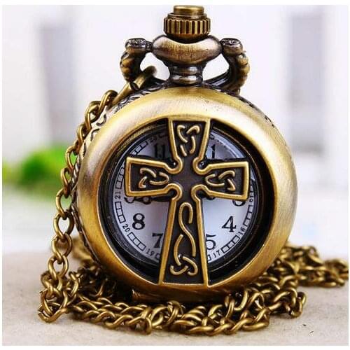 New Bronze antiques fashion cross Hollow quartz Good quality steampunk Necklace pocket watch