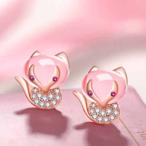Charm Fox Stud Earrings Inlay Pink Opal Cute Animal Fashion Rose Golden Piercing Jewelry For Women Wedding Party Halloween Gifts