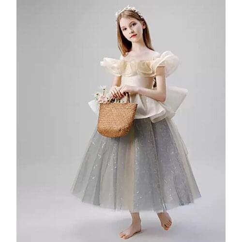 Flower Girl Dresses Short Illusion Sequined O-Neck Princess Off The Shoulder Tulle Lace Luxury Champagne Kids Party Gown H489