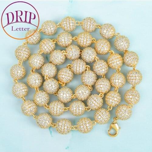 10mm Round Solid Bead Necklace Gold Color Cubic Zircon Mens Hip Hop Link Rock Street Jewelry