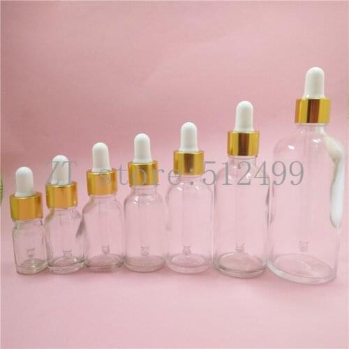 2/10pcs 5/10/15/20/30/50/100ML DIY Clear Glass Essential Oil Bottle Container with Gold Aluminum White Latex Head Dropping Cover