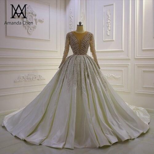 Bruidsjurk Full Sleeve Handmade Pearls See Through Sheer Wedding Dress