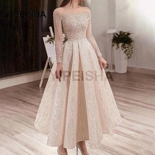 Luxury A-Line Glittery Evening Dresses 2021 Beading Long Sleeve Formal Woman Prom Party Gown vestidos de fiesta robes de soirée