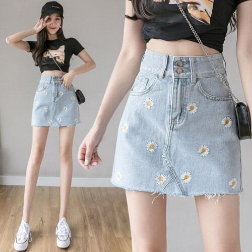 Women Floral Denim Skirt Ladies Above Knee Mini A-Line Empire High Waist Button Fashion Casual Skirts