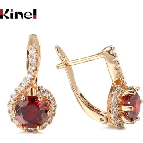 Kinel Hot Trend Red Natural Zircon Stud Earrings for Women Wedding 585 Rose Gold Round Earrings Fashion Jewelry 2021