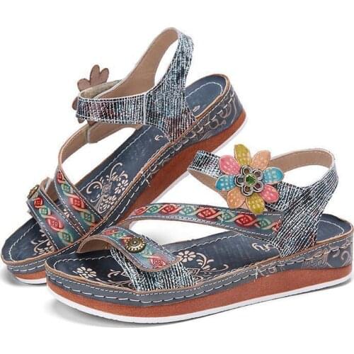 Women Retro Floral Stitching Ankle Strap Flat Sandals
