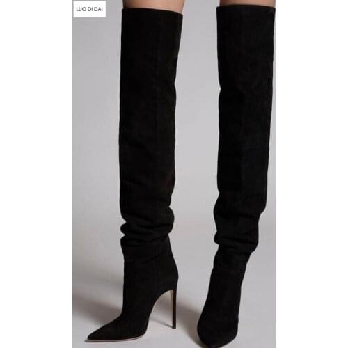 2020 new women thigh high boots over knee booties black leather women winter boots ladies point toe long suede boots slip on