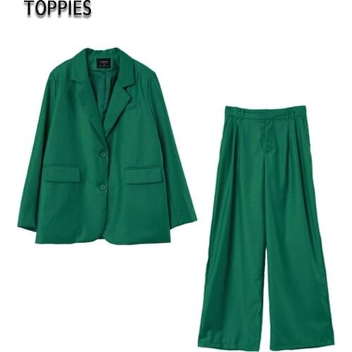 Toppies 2021 New Women Two-piece Set Green Suit Set Office Lady Single Button Blazer high waist Long pants Suits