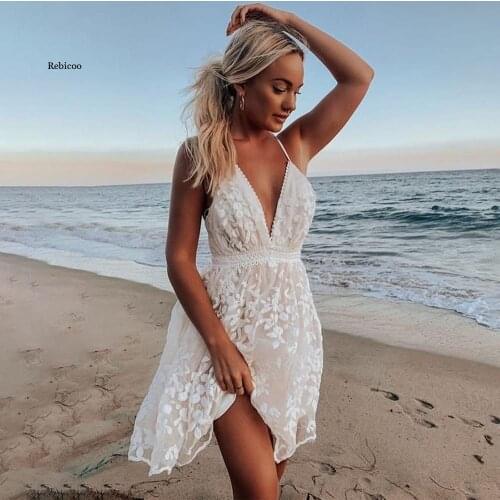 Women Dress Party Lace Flower Backless Mini Dress Summer New Sexy Sling Spaghetti Straps Deep V Neck Wedding Club Vestidos
