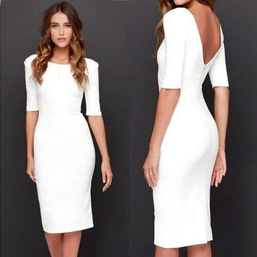 2020 Large Size Solid Color Sexy Backless Dress O-neck Simple Slim Dress Vestidos Office Business Party Women Clothing