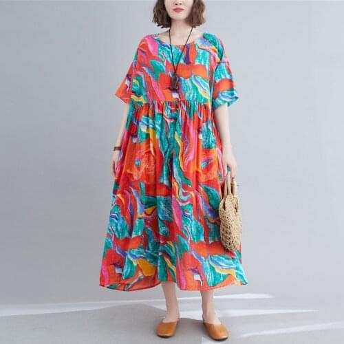 Women Cotton Linen Casual Dresses New Arrival 2021 Summer Vintage Style Floral Print Loose Female Holiday Long Dress S3552