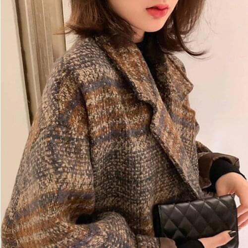 Winter Korean Overcoat Women 2020 Vintage Woolen Loose Coats female Double Breasted Turn-down Collar Overcoat