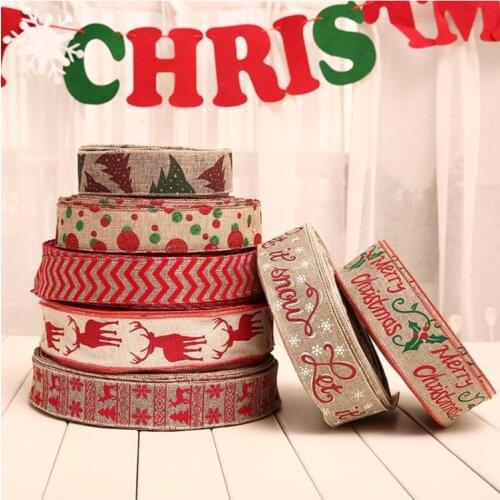 10 Rolls Rustic Burlap Christmas Ribbon with Cartoon Elk Snowflake Letters Printed for DIY Crafts Gift Wrapping Holiday Party Tr