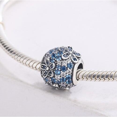 925 Sterling Silver Round Shape Sparkling Pave Flower Blue Clear Zircon Pendant Charm Bracelet DIY Jewelry Making For Pandora