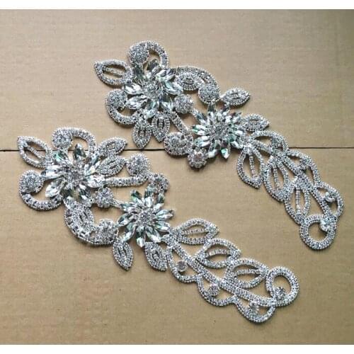 Free shipping 22*7.8cm long flower trim clear crystal rhinestone applique silver for wedding dress fur coat sewing decoration