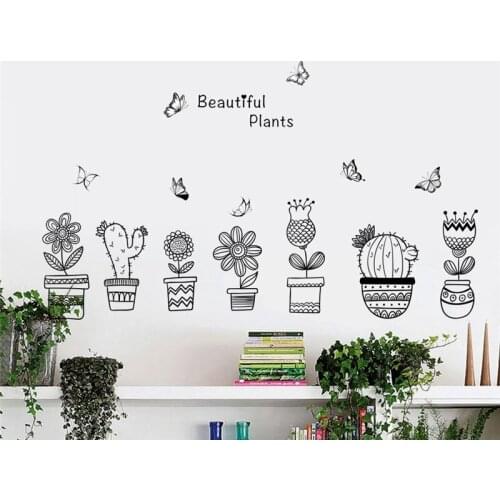 Diy Plant Flower Pot With Butterfly Wall Art Stickers For Office Shop Baseboard Home Decoration Diy Pastoral Wall Mural Decals