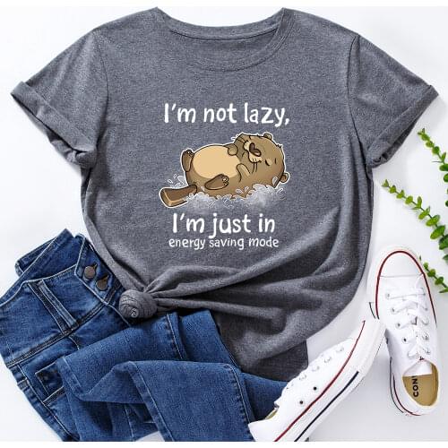Women Cotton T-Shirts Graphic Tee Female Summer Short Sleeve Tops Tees Cute Animal Bear I'm Not Lazy Letter Print Funny Shirts