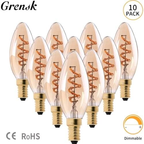 Grensk C35 Led Edison Candle Bulb Dimmable E14 Retro Led Spiral Filament Light Bulb Warm Yellow 2200k 3W Lamp Lamparas Ampoule