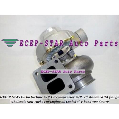 GT45R GT45R-2 Turbo Turbocharger turbine. A/R 1.0 compressor. A/R .70 standard T4 flange oil Cooled 4" v-band 400-500HP