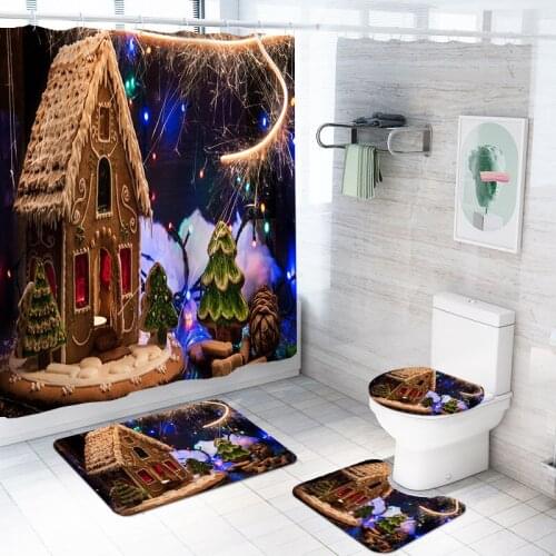 4 Pieces Dollhouse/Christmas Tree Shower Curtain Set Merry Christmas Bath Sets Happy New Year Carpet Cartoon Bathroom Set