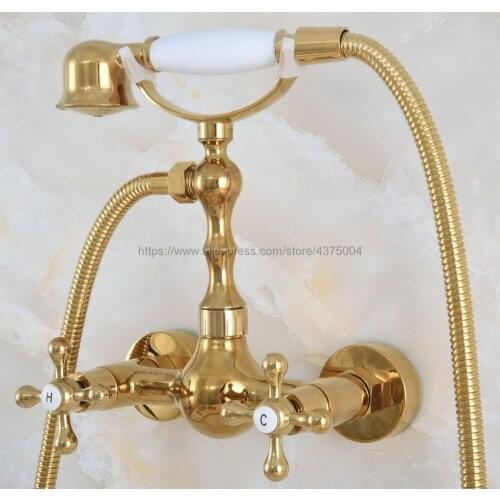 Wall Mounted Polished Gold Bath Faucets Bathroom Basin Mixer Tap Crane With Hand Shower Head Shower Faucet Sets Nna825