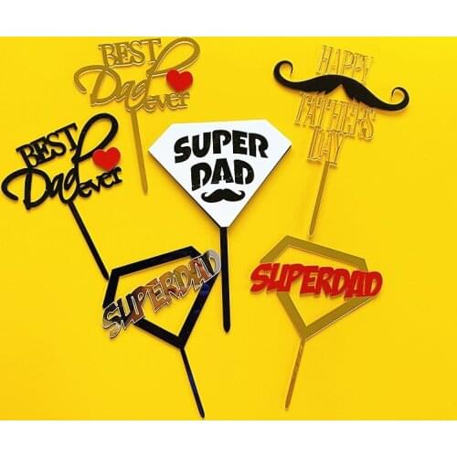 New Fathers Day Acrylic Cake Topper Gold Super Dad Beard Love Baking Cake Topper Dad Birthday Party Cupcake Decoration Supplies