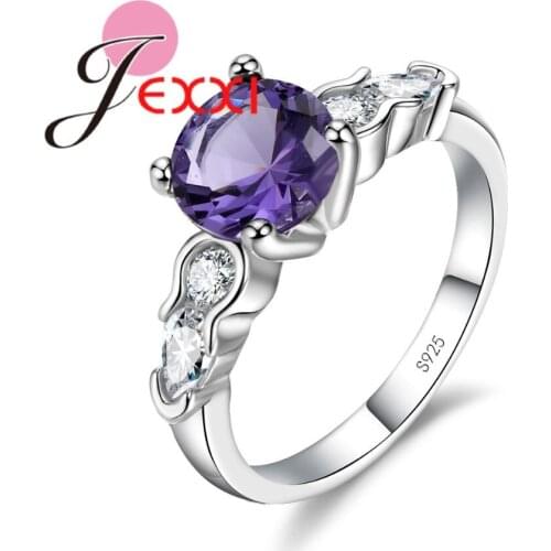 Luxury 925 Sterling Silver Brand Jewelry Women Elegant Round Colorful Crystal Finger Ring 5 Color Choose for Wedding
