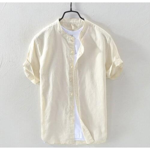 2019 Summer mens pure linen casual short sleeve shirt Loose art-fan flax shirt mens M-3XL stand collar shirts male