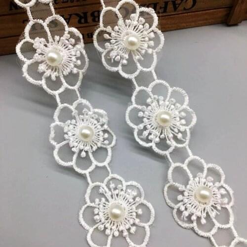 1Yd Vintage Organza Plum Blossom Flower Pearl Lace Trim Applique Trimmings Ribbon Fabric Embroidered Wedding Dress Sewing Craft