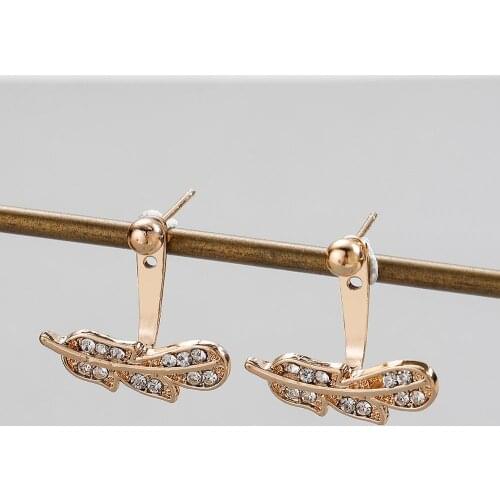 Chandler Cartilage Helix Tragus Drop Crystals Feather Stud Earring for Women Double Sided Fashion Jewelry Earrings female