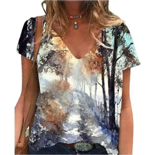 Women Floral Print Casual T Shirt Short Sleeve V-Neck Cotton T Shirts Plus Size 3XL Summer Tops 2021 Fashion Streetwear Tee Top