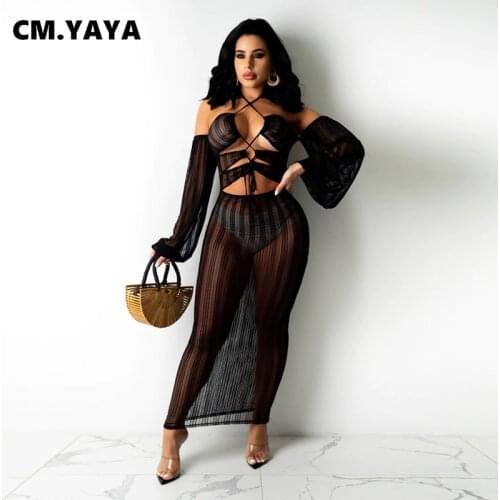 CM.YAYA Women Dress Solid Mesh See-through Halter Bandage Backless Full Sleeve Stretchy Dresses Sexy Fashion Vestidos Summer