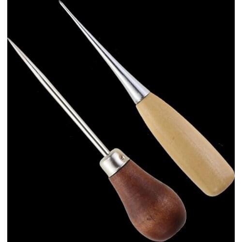 2PCS SKC Wooden Handle Awl DIY Knitting Tool Straight Cone Curved Cone Needle Drill Tool Leather Shoes Repair