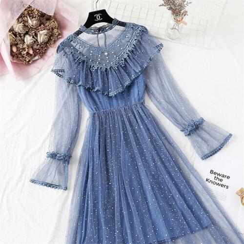 2021 Summer Two Piece Spring Women Sequined Lace Dresses Fairy Girl Mesh Dress Long Party Dress Womens Clothing Vestidos 1353