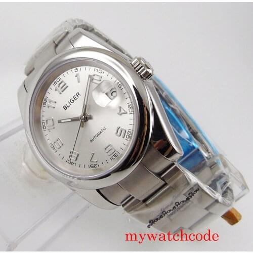 39mm Bliger Mechanical Automatic Men Watches 21 Jewels MIYOTA 8215 Movement Auto Date Oyster Bracelet Silver Dial