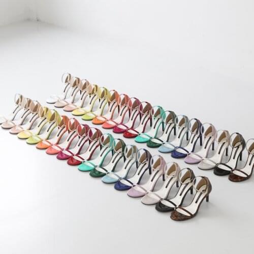 European And American One Word Buckle Sandals Womens Fine With Wild Solid Color Sheepskin Small Code Open Toe High Heels 33-42