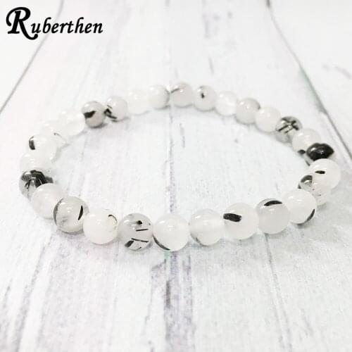 Ruberthen Fashion Women`s Energy Beaded Bracelet 6 mm Natural Rutilated Crystal Stone Balance Bracelet Simple Design Jewelry