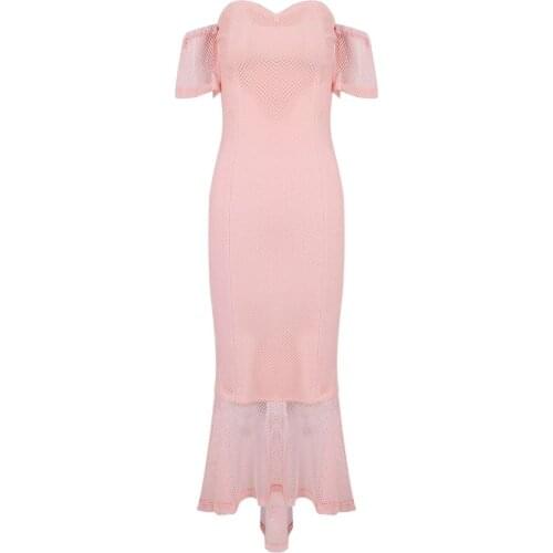 Fast Shipping! 2018 New Stunning Baby Pink Sexy Strapless Mesh Patchwork Party Celebrity High Quality Bandage Dress