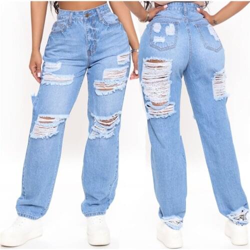Summer Large Plus Size Women Clothing 3XL Ripped Light Blue Loose High Waist Boyfriend Jeans Fashion Casual Denim Wide Leg Pants