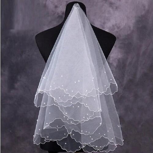 Simple and Elegent Wedding Bridal Veil Tulle White Ivory One Layers Beaded Bride Accessories Short Women Veils