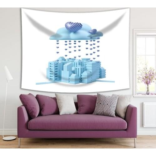 Tapestry City of Love Clouds Small Striped Hearts Falling Like Rain over Buildings Art Printed Blue