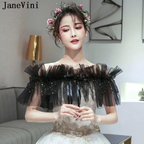 JaneVini Charming Princess Summer Black Wedding Cloak Shawls Sparkle Gold Star Pattern Tulle Bridal Wraps Bolero Fille Mariage