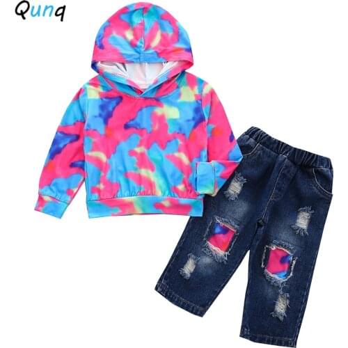 Qunq Children Clothing Set Fashion Tie Dye Hooded Sweatshirts Broken Hole Jeans Kids Suits for Girl Spring Fall Toddler Costume
