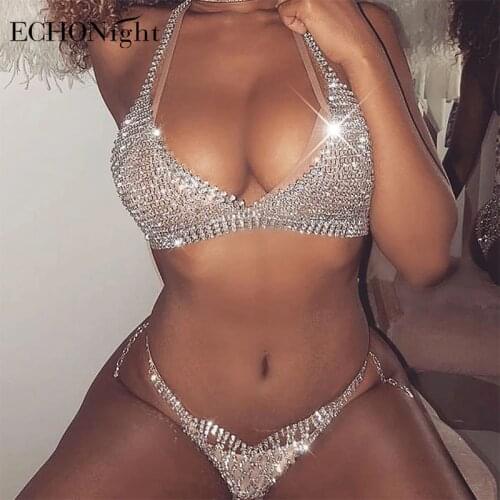 Echonight Jewelry for Lady Underwear Set Chain Bra and Thong Bra and Panty Set Bling Rhinestone Bra Set Body Jewelry Lingerie
