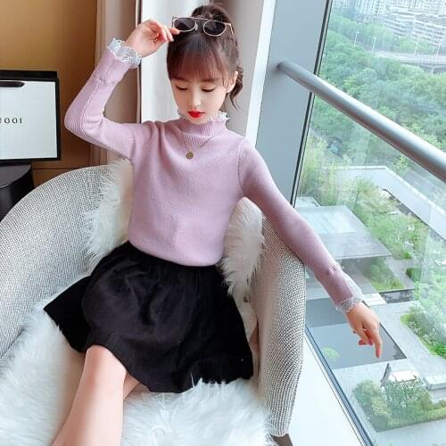 Beauty Girls Sweater Warm Slim Stretch Woolen Lace Pullover Turtleneck Knitwear 4 5 6 7 8 9 10 11 12 Years Girls Bottoming shirt