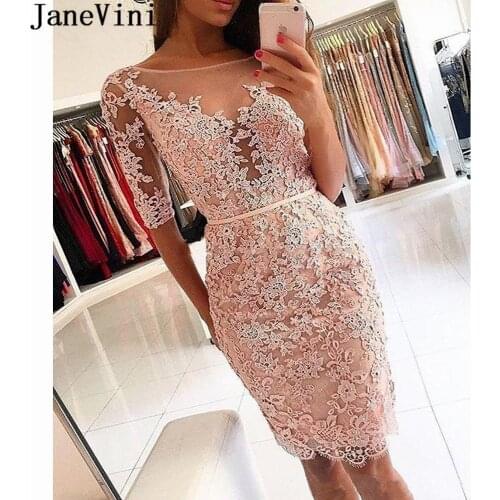 JaneVini Beaded Lace Short Formal Cocktail Dresses with Half Sleeves Pink Red Illusion Neck Party Gown abito cocktail donna 2019